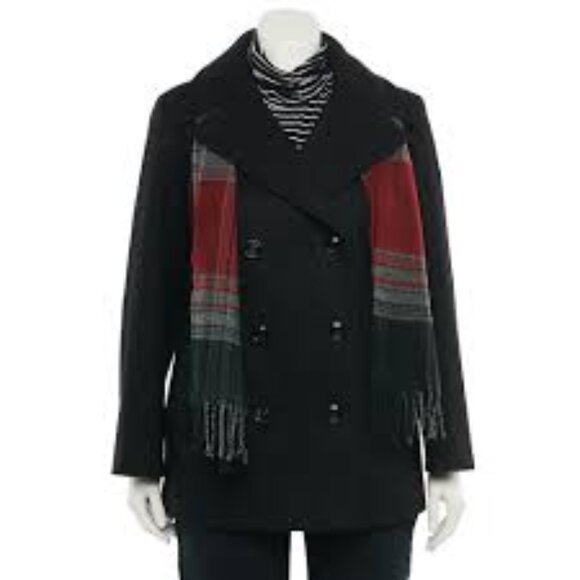 NWT - London Fog Woll Blend Double Breasted Peacoat With Scarf - Picture 3 of 8